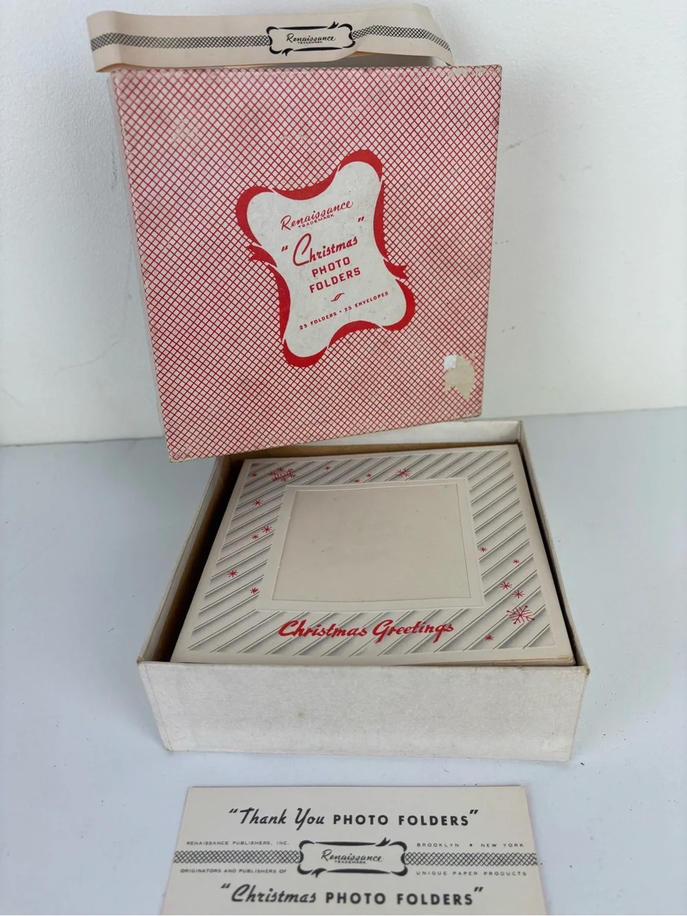 VTG-Renaissance Christmas Photo Cards - Red & Gray MCM Reindeer-Box of 25